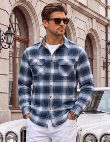 Image of Cotrasen Mens Flannel Shirts Cotton Plaid Button Down Shirt | Long Sleeve, Corduroy Collared, Soft,Breathable, Work, Western, Trendy, Casual Classic Flannel Shirt with Pocket