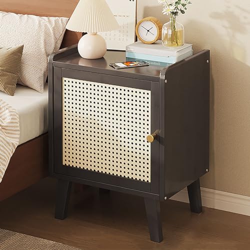 Bambus-Nachttisch mit Rattantür, minimalistischer Nachttisch für...