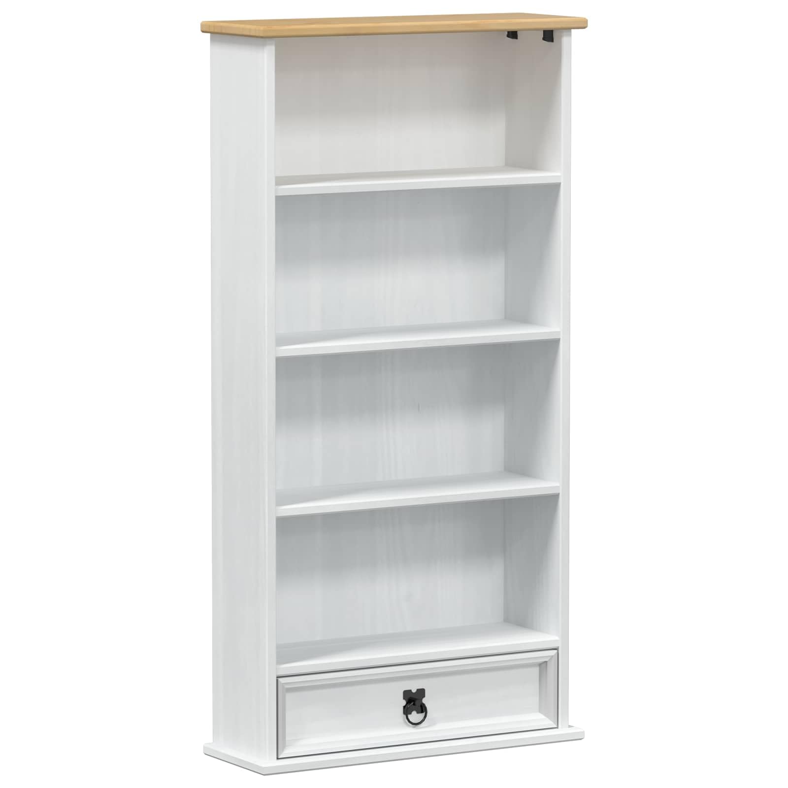 Scaffale per CD, bianco, 52 x 17,5 x 103 cm, in legno di pino massiccio, con 5 scomparti e 1 cassetto, armadietto rustico per CD per soggiorno e home office, sottile