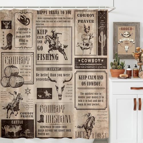 Mocsicka Western Cowboy Shower Curtain Vintage Wild West Country Farmhouse Bathroom Shower Curtain Cowboy Waterproof Fabric Bathtub Curtain Decor with 12 Hooks 72 X 72 Inches