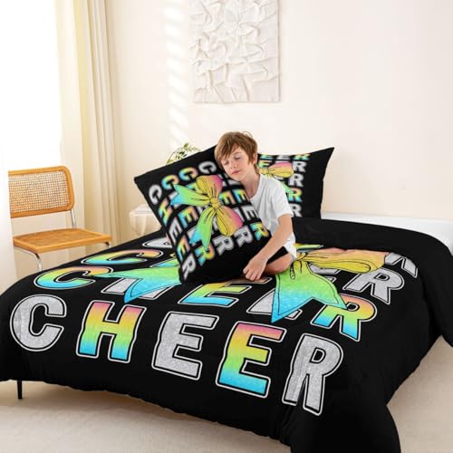 Image of Feelyou Colorful Cheer Bow Kids Comforter Set Toddler Size Glitter Cheerleader Bedding Set Cheerleading Duvet Quilt for Kids Boys Girls Bedroom Sport Decor Microfiber Ultra Soft Breathable