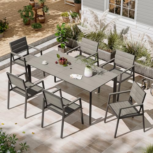 Image of Patio Table and Chairs Set, 7 Piece Outdoor Dining Set with Umbrella Hole, HDPS + Aluminum Patio Furniture Set for Garden (Gray)