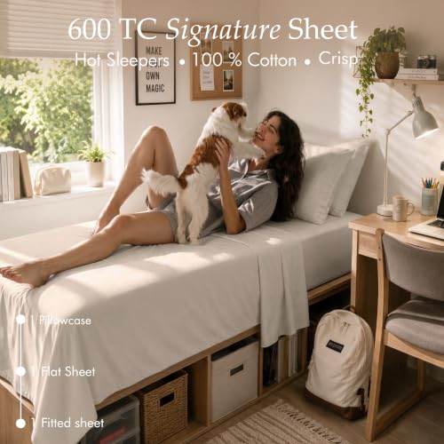 Image of Threadmill 600 Thread Count Cotton Twin XL Sheet Set, Sateen, Taupe