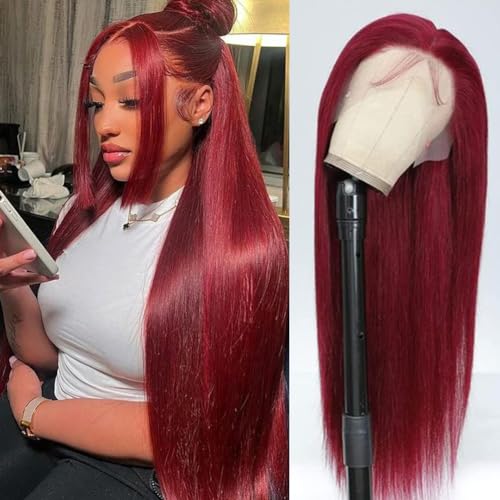 30 Inch 99j Burgundy Lace Front Wigs Human Hair Pre Plucked, 13x4 Straight Human Hair Lace Front Wigs Wine Red, 180 Density HD Transparent Glueless Human Hair Wigs for Black Women (30 Inch)