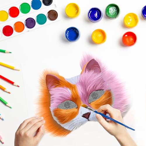 ZhongShuang Masken DIY Set,8 Stück DIY Katzenmasken Zum Bemalen Mit 8 Kuns Fell Und 20 Eye Mesh, Furry Tiermasken Katzenmasken, Mask Für Maskerade Halloween Karneval Cosplay