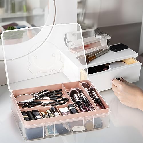 Image of Tosnail 12.8 inch x 9 inch Large 2 Tiers Plastic Craft Organizer Box Storage Container with Removable Tray, First Aid Carrying Case for Home, Office Supplies, Stationery, Sewing, Painting, Arts (Pink)