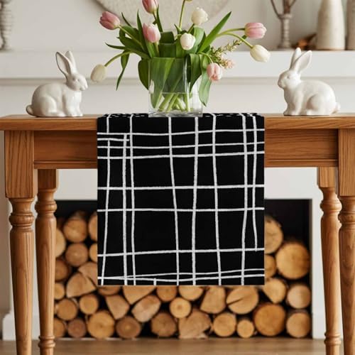 Minimalist Grid Lines Table Runner, Modern Rustic Simple Checkered Black