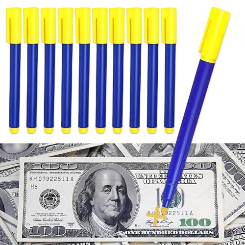 Pack 10 Unidades Detector Billetes Falsos, Bolígrafo Detector de Billetes, Bolígrafo de Dinero Falso, para Dólares Estadounidenses, Euros, Libras, Yen, Won us, Tinta Duradera, 133 x 12 mm (Azul)