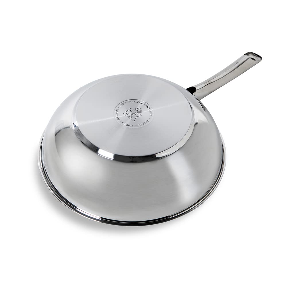 BK Bright Padella Wok in Acciaio Inox 28 cm, Esterno Lucido, Manico Stay Cool, Cottura Professionale, Induzione, Forno Sicuro fino a 230°C, Utensili in Metallo Sicuri, Lavastoviglie, Argento
