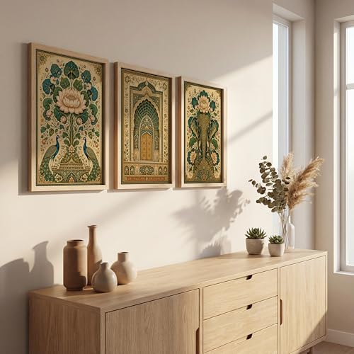Image of NoWorries Elephant Peacock Wall Art Set of 3 Framed Prints | Indian Traditional Lotus Floral Painting, Royal Palace Arch Poster, Vintage Rajasthani Ethnic Wall Decor for Living Room Bedroom Home (Synthetic Engineered Wooden Frame) (MIN -5, 10x13 inches)