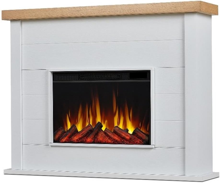 Pemberly Row Slim Electric Fireplace Mantel, 49 in, Modern MDF Wood, White Finish, 5100 BTUs, 5 Flame Brightness Levels, Adjustable Thermostat, Indoor Free-Standing Heater for Rooms Up to 1000 Sq Ft
