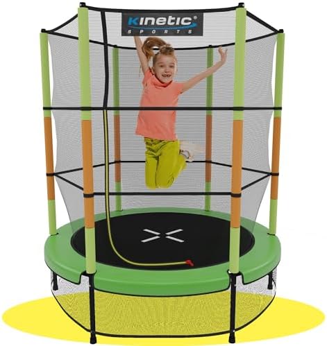 Bild von KINETIC SPORTS Kinder Trampolin Jumper 140 cm - Inklusive Gummiseil Federung, Sicherheitsnetz mit Reißverschluss, Rahmenpolster, Schutz Bodennetz - Indoor Kindertrampolin Spielzeug