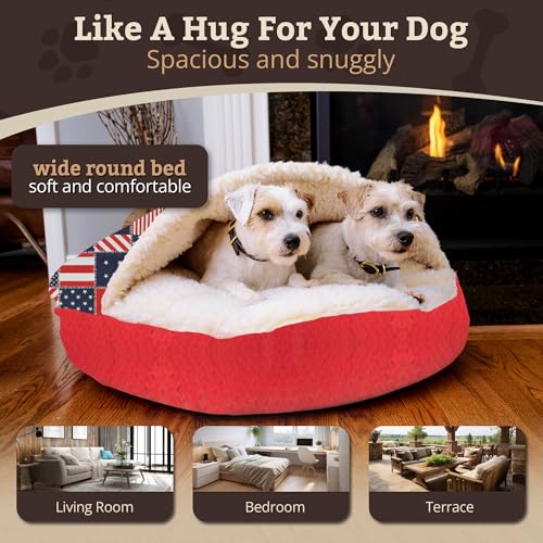 Image of Snoozer Cozy Cave Dog Bed, Round Covered Dog Bed, Starpatch Red Diamond (S)