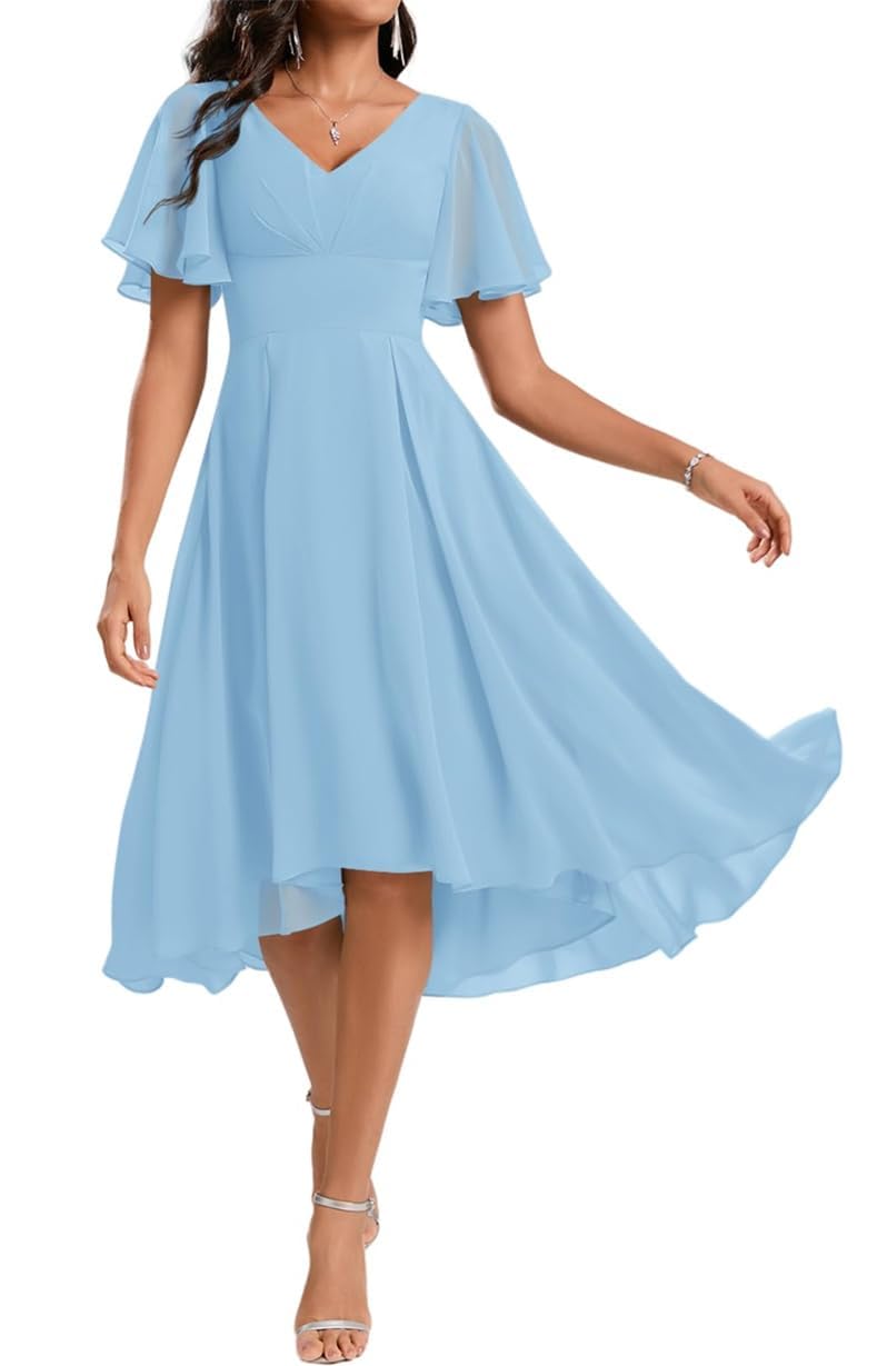 Wseyu Women's Light Blue Bridesmaid Dresses For Wedding With Knee Length Chiffon A-Line Wedding Guest Evening Gowns Uk18