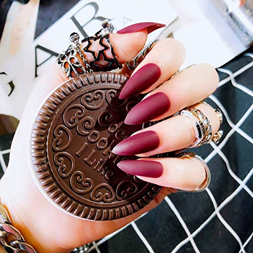 Umillars 24pcs Matte Pure Color Stiletto Nails False Gel Nails Art Tips Sets Full Cover Medium Almond Shape Acrylic Fake Nail Tips Gel (Matte scarlet)