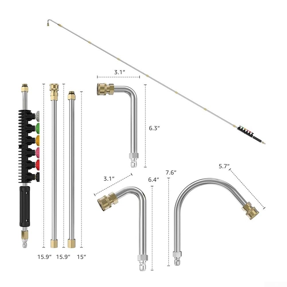 Zoegneer Varita de extensión de acero inoxidable de 9 pies con accesorios de latón, 6 boquillas de pulverización para limpieza de tejados de canalones y patios para 14 sistemas de lavado a presión