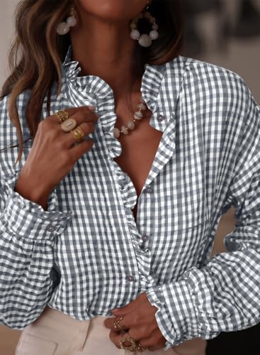Astylish Women's Casual Ruffle V Neck Dressy Shirts 2025 Fall Button Down Tops Loose Long Sleeve Gingham Plaid Blouses Top Gray Large