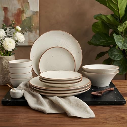 Image of Miah Decor Ceramic Dinner Set - 14-Piece Handmade Stoneware | 4 Bowls, 4 Quarter Plates, 4 Dinner Plates & 2 Serving Bowls | Off White Ribbed Matte Finish | Microwave & Dishwasher Safe | Ideal Gift