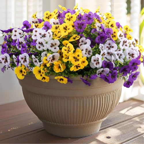 Rowfad 18 Pcs Artificial Fake Pansy Flowers for Outdoor Faux Silk Pansies Spring Flowers for Outside for Planter Front Door Porch Yard Patio Window Box Home Decor (18 Purple Yellow White)
