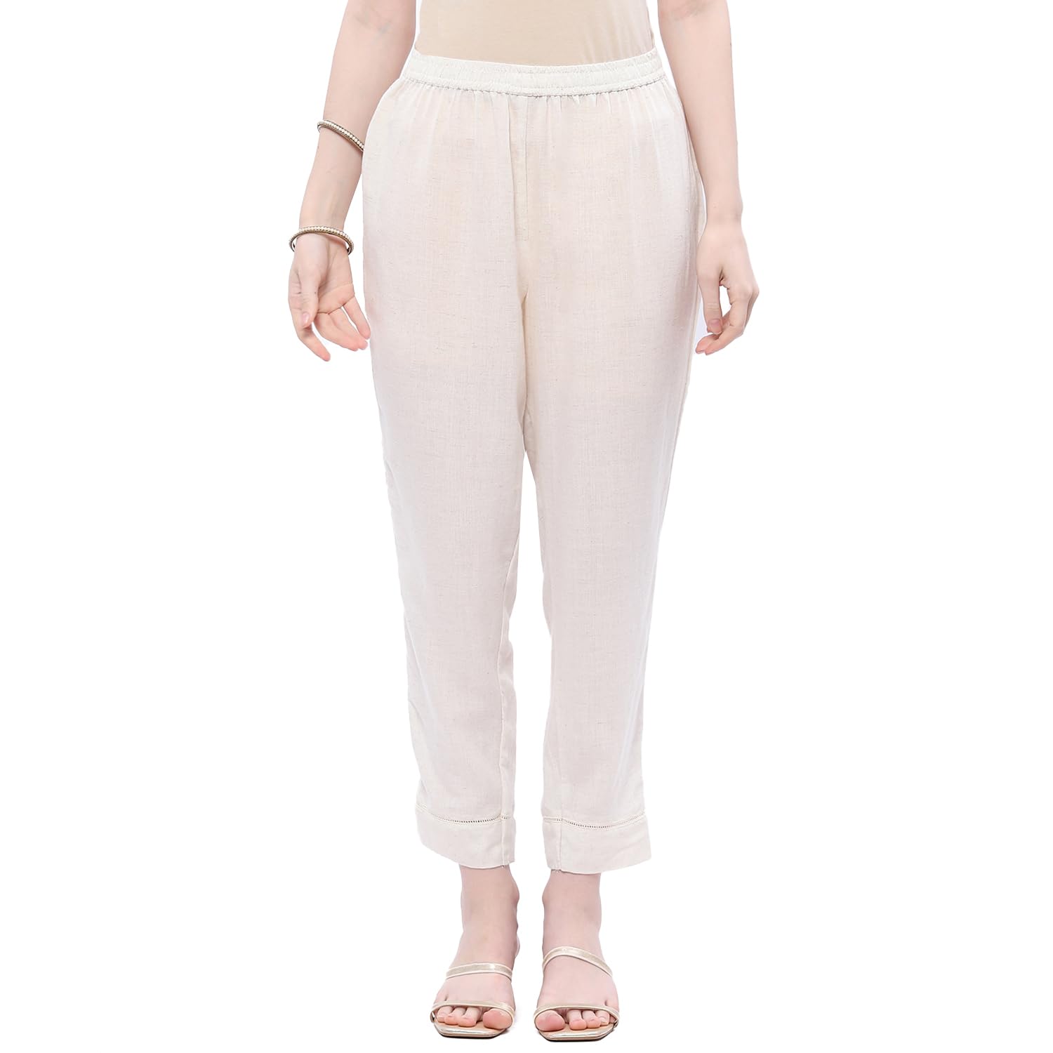 Rangriti Off-White Solid Slim Fit Pants for Women in white