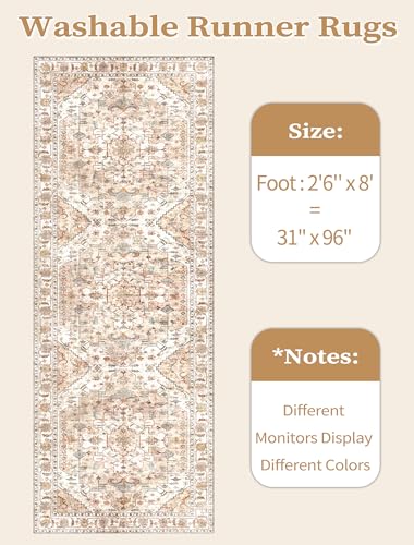 SERISSA Boho Washable Runner Rug, 2'6"x8' Non-Slip Vintage Peach Cream Hallway Kitchen Runner Rug Ultra Soft Print Distressed Floor Carpet for Bedroom Bathroom Laundry Room