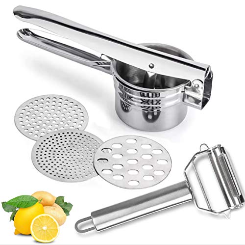 M&G Stainless Steel Potato Ricer with Ultra Sharp Multi-Function Vegetable Peeler, 3 Interchangeable Discs for Fine, Medium, Coarse Grains