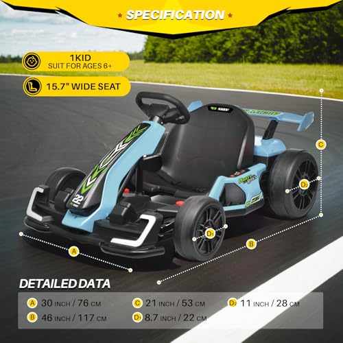 Blitzshark 24V Kids Go Kart 300W Powerful Drift Kart Electric Pedal Kart Outdoor Race Toy, with 2X150W Strong Motor, 7AH Big Battery, Drift/Sports Mode, EVA Tire, Brake Pedal, Length Adjustment, Blue