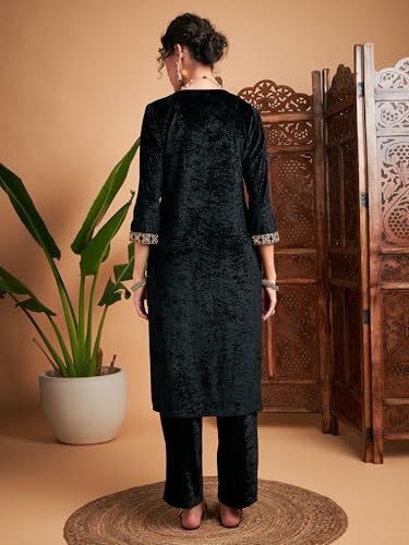 Image of Women Velvet Embroidered Straight Kurta