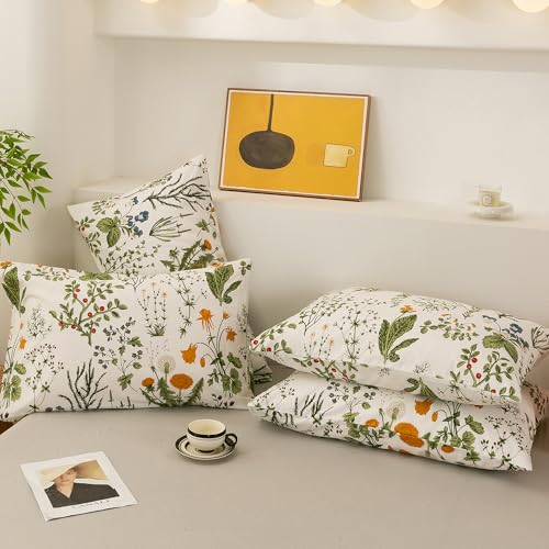 Image of ECOCOTT 4 Pack Pillowcase Queen Size with Green Botanical Floral Leaves Pillow Cases Set, 100% Cotton Queen Pillow Covers Envelope Closure (Queen, 20 inchx30 inch)