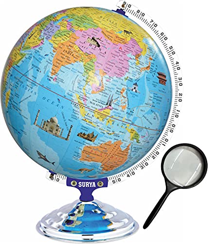 Image of Globe for Kids /Students 16 inch Height 12 inch diameter with monuments Mittal Educational World Maps with 75mm Magnifying Glass for Kids /Office /Political Globes for Students Desk & Table Top