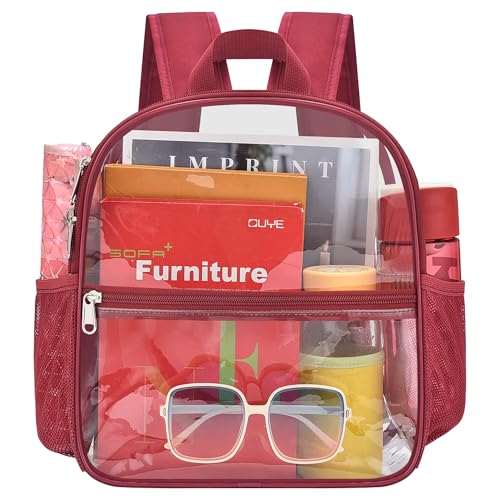 Image of Busiuw Clear Backpack for Stadium Events 12x12x6 Mini Small Sports Fan Backpacks with Front Pocket for Concert Sport Events Work Travel(Rose red)