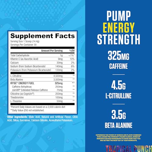 Image of Ryse Loaded Pre Workout Powder - Kool-Aid Tropical Punch - Daily Pre-Workout for Men & Women with 300mg Caffeine, Beta Alanine, and Citrulline for Pump, Focus, and Energy - 30 Servings