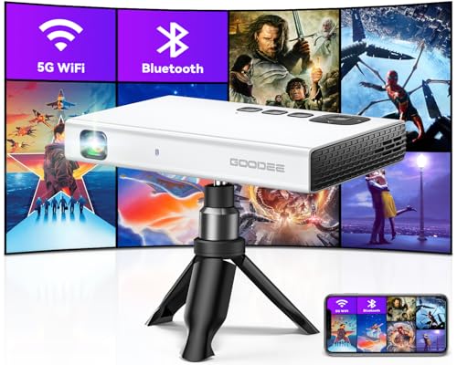 Mini Projector 4K, GooDee 1080P Support Pocket DLP Projector with WiFi and Bluetooth, Pico Portable Outdoor Movie Projector with Tripod&Bag, Video Rechargeable Battery Short Throw for iPhone/Android