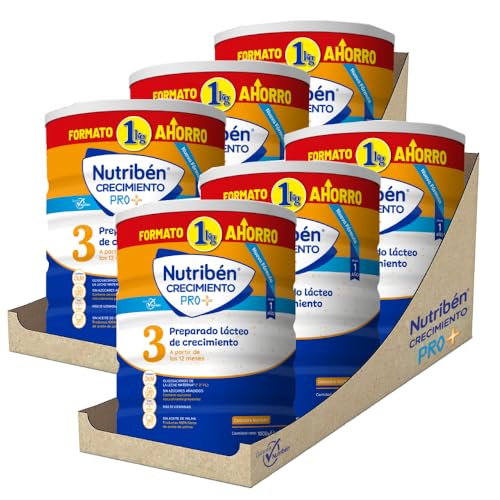 Nutribén Crecimiento Pro+ 3 - Leche en Polvo Bebé | Leche de Fórmula a partir de los 12 Meses | sin Aceite de Palma | con 13 Vitaminas | 6 Botes de 1KG