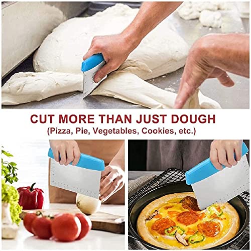 Image of Dough Scraper Stainless Steel with Handle, Metal Dough Cutter Spatula with Measurements, Kitchen Baking Tool Bench Scraper for Pizza Pasta Pastry Cake Bread Biscuit (Blue)
