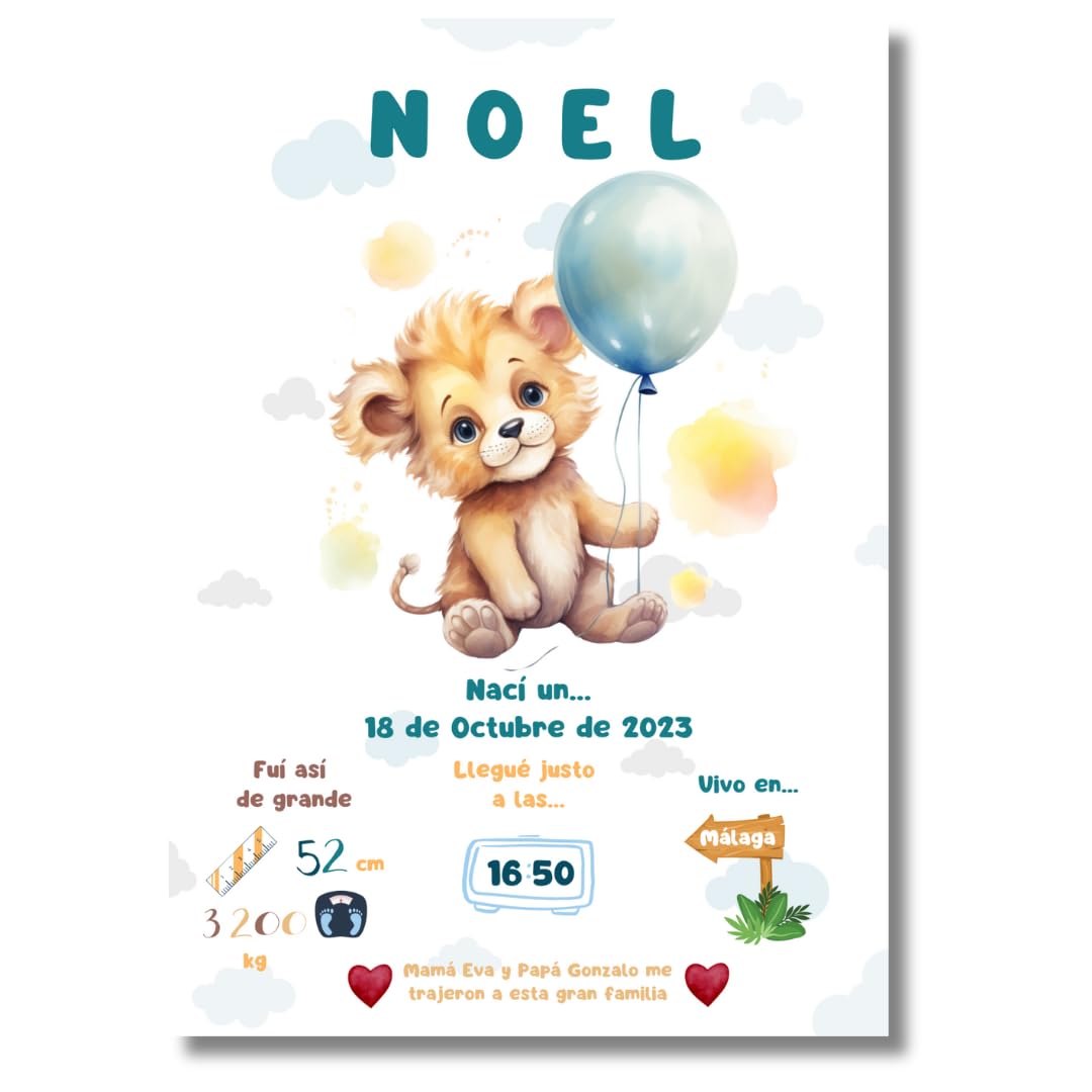 Natalicio Personalizado, Lámina Nacimiento Bebe Personalizada, Laminas Infantiles, Laminas para Cuadros Infantiles Personalizados, Regalos Bebe Personalizados, Cuadro Natalicio Tamaño 30x42cm (León)