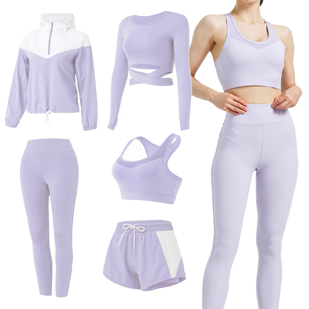 Workout Sets for Women 5 PCS Gym Athletic Sets Yoga Running Outfits Tracksuit Activewear Sports Clothes Purple S