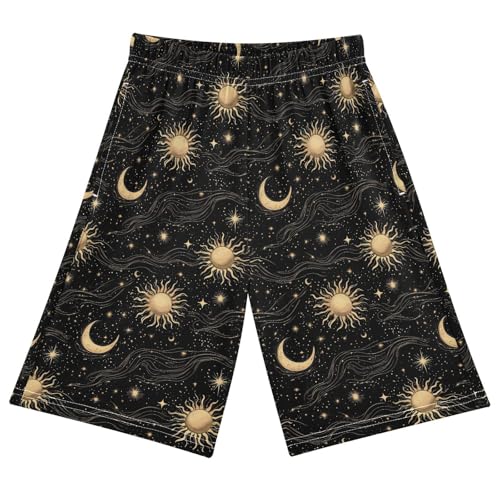 ALAZA Bohemian Un Moon Stars Retro S Boys Athletic Shorts Kids with Pockets Shorts for boy Girl Size 6-8 Years Multicolor