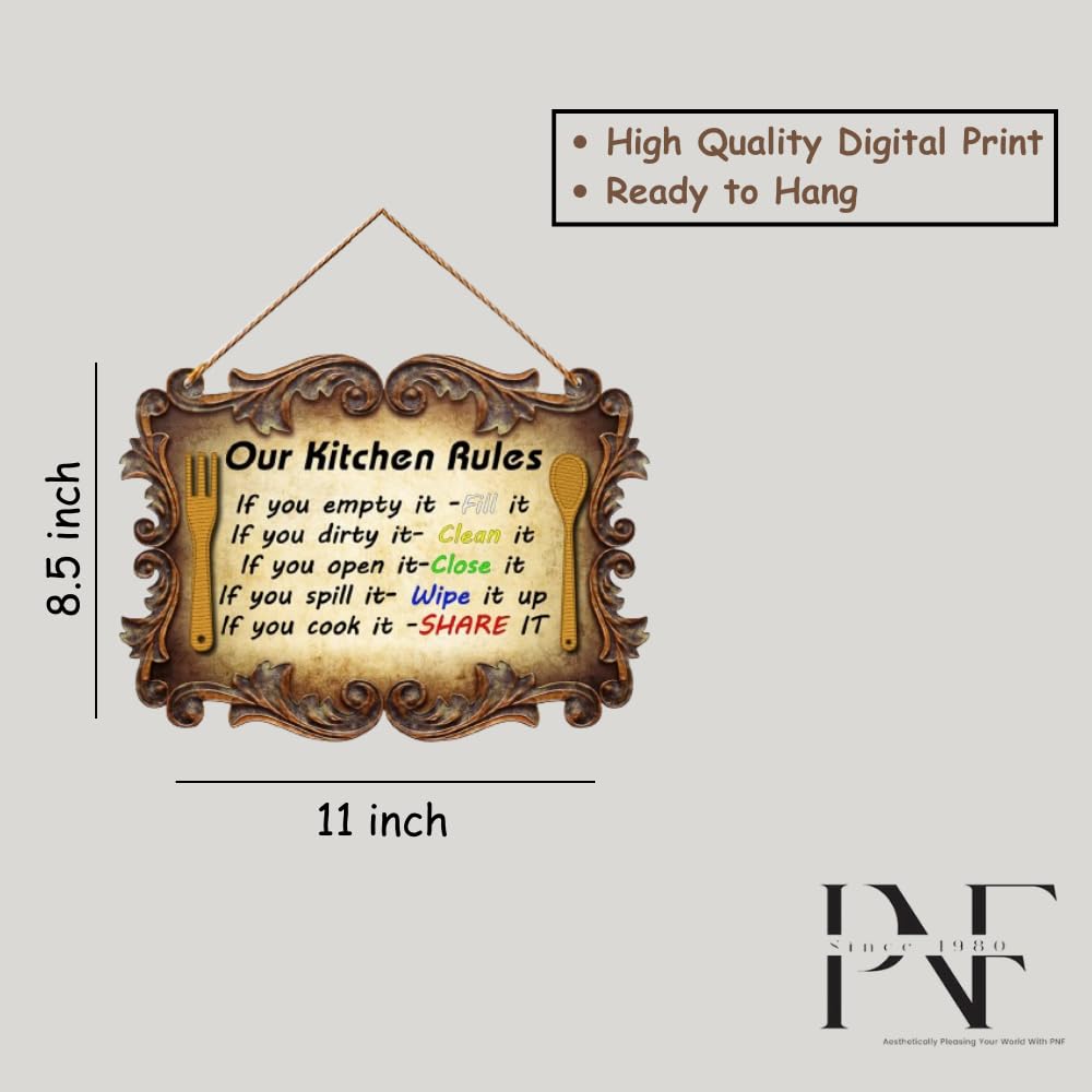 PNF Poster And Frames OUR KITCHEN RULES Quote Wall art & Door Hanging Frame For Kitchen, Dining, restaurants Decor | Walland home Decor for Living Room | Room Decor Wall Decor Items For Bedroom | (Wooden, 11x9 Inch,brown)1-1 3