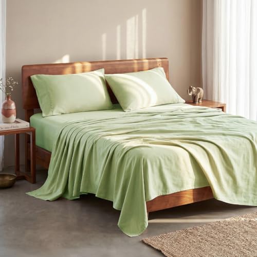 Image of LANE LINEN 100% Organic Cotton Bedsheet for Double Bed King Size - Sea Foam | GOTS Certified, Percale Weave, 108x108 inches, Soft & Breathable, Machine Washable, Includes 2 Pillow Covers