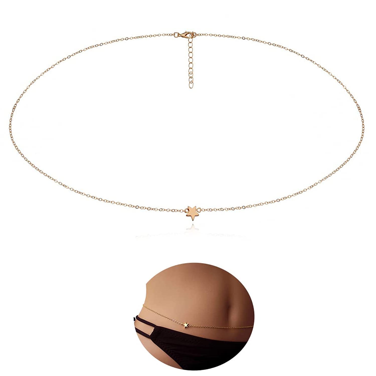 Boho Body Chain Jewelry Star Waist Belly Necklace Chains for Women and Girls. (Gold), 1 Count (Pack of 1)