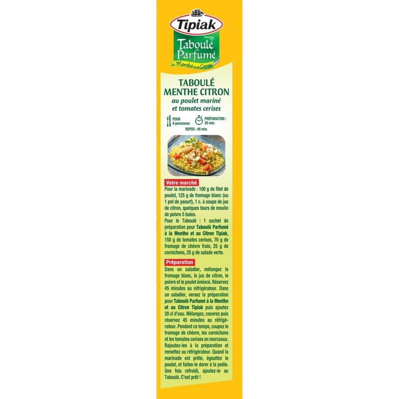 TIPIAK - Taboulé Menthe Citron en 350g avec huile d'olive - Préparation savoureuse de céréales et légumes secs pour un repas d'été réussi. - Lot De 4 - Vendu Par Lot
