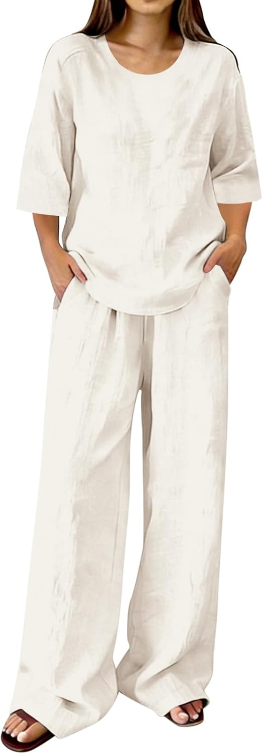 Linen Sets For Women 2 Piece Lounge Set Summer Matching Travel Outfits Loose Short Sleeve Top Wide Leg Pants Pockets
