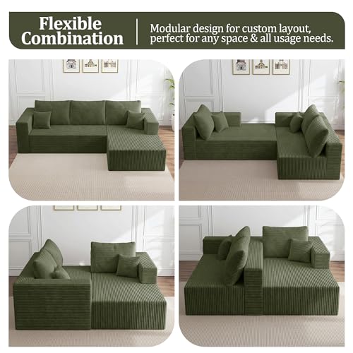 Image of 92.5 inch Modular Sectional Sofa, L-Shape Cloud Couch with Deep Seats & Chaise, 4-in-1 Covertible Corduroy Boneless Couches for Living Room,Bedroom,No Need Assembly - Green(Right Facing Chaise)