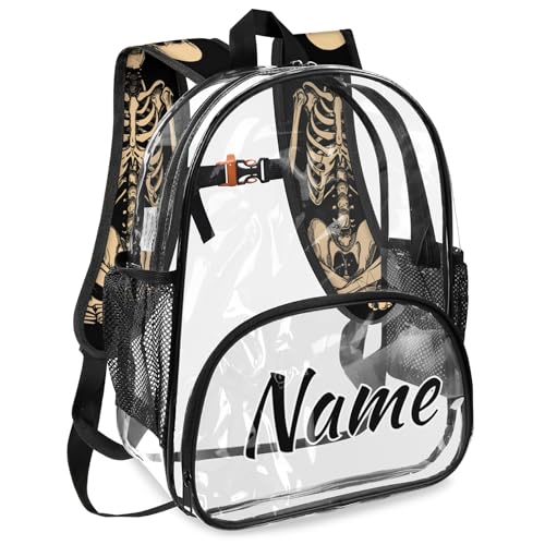 Personalized Clear Small Backpack for Stadium Events Custom Transparent Backpacks with Name Heavy Duty PVC Plastic See Through Clear Bag for Concerts Festival Funny Human Skull