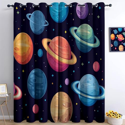 Grommet Curtains Cartoon Style Space Planets Print Thermal Insulated Black Blackout Window Drapes 59