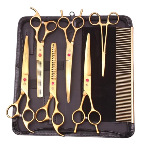 Damika 犬トリミング ペットはさみ7点セット 猫 犬用 日本から輸入する4 CR特殊ステンレス鋼を用いて製造し 耐久性に優れている 切れ味がよい 静音 保護型ペット専門美容ハサミセット 付収納バッグ/止血鉗子/ステンレスコーム (ゴールド 7点セット)