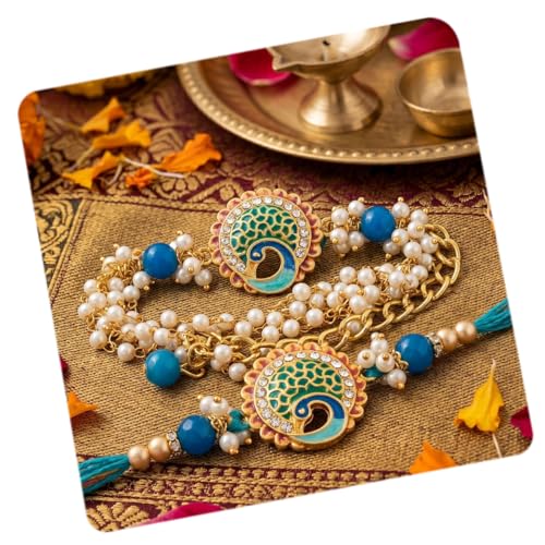Image of CraftVatika Rakhi Set for Brother and Bhabhi, Bhaiya Bhabhi Rakhi Set of 2, Designer Bracelet Rakhis for Rakshabandhan with Best Wishes Card and Tillak Set, Premium Thread Couple Pair Raki