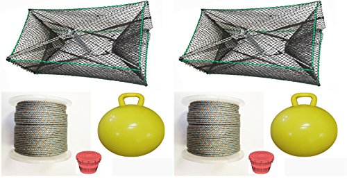 2-Pack of KUFA Sports Galvanized Steel Foldable Prawn Trap with 400' Rope, Yellow Float and Vented Bait Jar Combo (S32+LQ4+HB5+F15Y) x2
