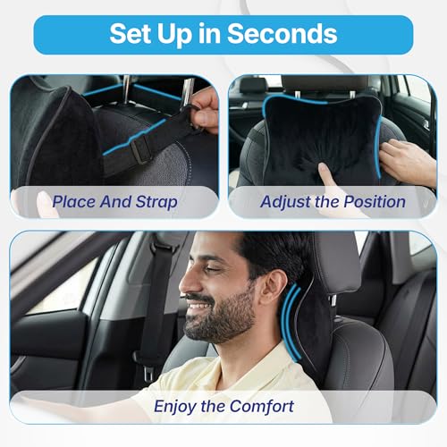 Image of KINGSWAY Car Accessories Headrest Seat Cushion, Universal Use, Long Drive Travel Orthopedic Neck Rest Car Memory Foam Pillow in Black, Super Soft and Super Comfort Sciatica Back Support, Pack of 1
